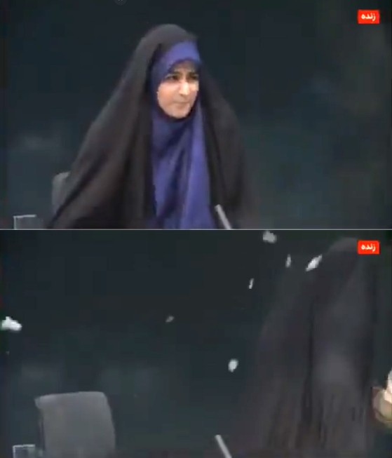 生放送中に避難するイランの女性キャスター。［Ｘ　キャプチャー］