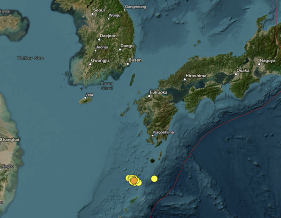 ２１日から２７日にかけてトカラ列島近海で発生したＭ４以上の地震。［写真　米国地質調査所］