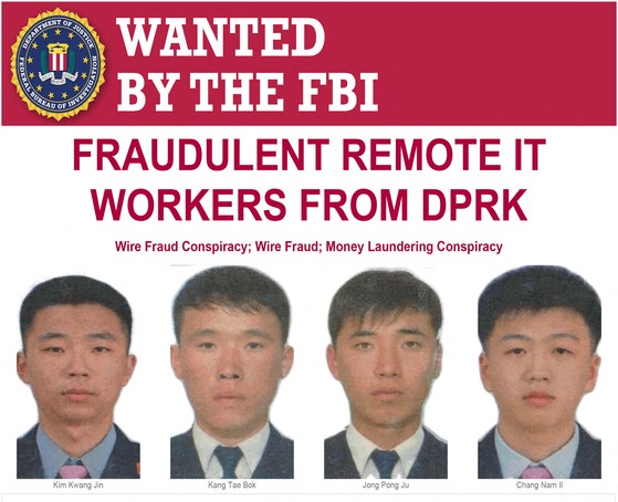 先月３０日に公開されたＦＢＩの手配ポスターに送金詐欺と資金洗浄容疑で起訴された北朝鮮国の４人。［写真　ロイター＝聯合ニュース］