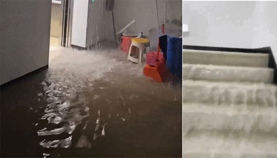   雨水配管漏水で水があふれた事故現場。［写真　聯合ニュース］