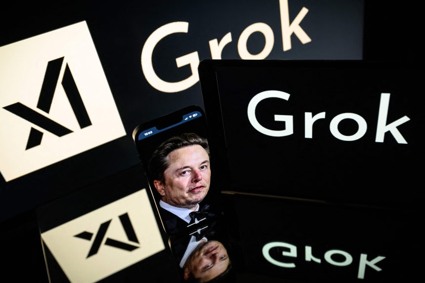 今年１月１３日（現地時間）、人工知能（ＡＩ）スタートアップｘＡＩのチャットボット「グロック（Ｇｒｏｋ）」のロゴとｘＡＩの設立者であるイーロン・マスク氏。［写真　ＥＰＡ＝聯合ニュース］
