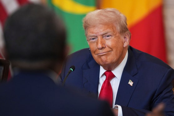 トランプ米大統領が９日にホワイトハウスでアフリカ首脳らと昼食をともにしながら微笑を浮かべている。［写真　ＡＰ＝聯合ニュース］