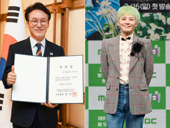 韓国の金民錫（キム・ミンソク）首相（左）が２３日、歌手Ｇ－ＤＲＡＧＯＮ（右）を２０２５年ＡＰＥＣ（アジア太平洋経済協力）首脳会議の広報大使に任命すると発表した。［写真　金民錫首相のフェイスブック／ニュース１］