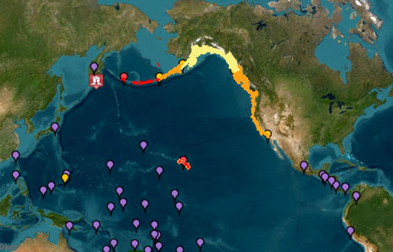 米国国立海洋大気局（ＮＯＡＡ）は３０日（現地時間）、ロシア極東部で発生したマグニチュード（Ｍ）８．７の地震の後、津波警報（赤色）、注意報（オレンジ色・黄色）、脅威区域（紫色）を示す図を公開した。［写真　ＡＦＰ＝聯合ニュース］
