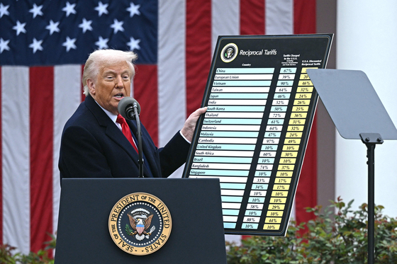 米国のドナルド・トランプ大統領が４月２日（現地時間）、ワシントンＤ．Ｃ．ホワイトハウスのローズガーデンで開かれた「米国を再び豊かにしよう」行事で、相互関税に関する演説を行いながらチャートを手にしている。［写真　ＡＦＰ＝聯合ニュース］