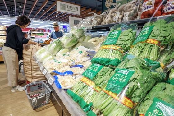 ７月２８日、ソウルのある大型スーパーでダイコンの若菜とハクサイが販売されている。［写真　ニュース１］