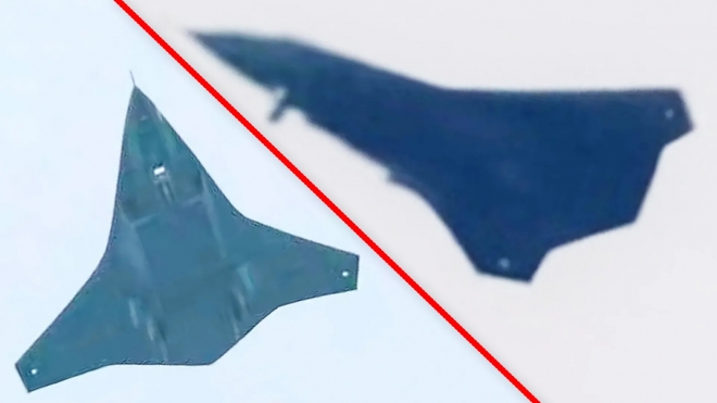 最近、中国ソーシャルメディアに流布した正体不明のステルス航空機。左側は正面から撮影された機体の形状、右側は飛行中のシルエットとみられる。尾翼がない無尾翼設計が特徴。　［写真＝ウォーゾーン・エックス］