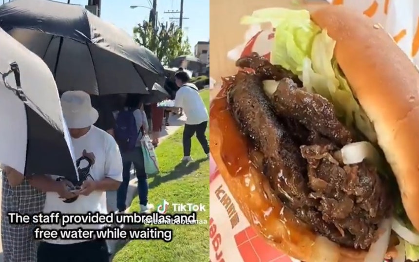 韓国ロッテリアの米国１号店のオープンを待つ米国人とプルゴギバーガー［写真　ＳＮＳキャプチャー］