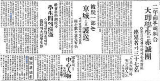 大邱高等普通学校の学生の秘密結社抗日組織を扱った「大邱学生の赤誠団被疑者声明」と題した朝鮮日報の報道（１９２８年１２月１１日付３面）。日本人の柴田建助が大邱に来た後、学生の思想運動が発源したと説明している。青の表示部分が柴田の名前。　ネイバーニュースライブラリー