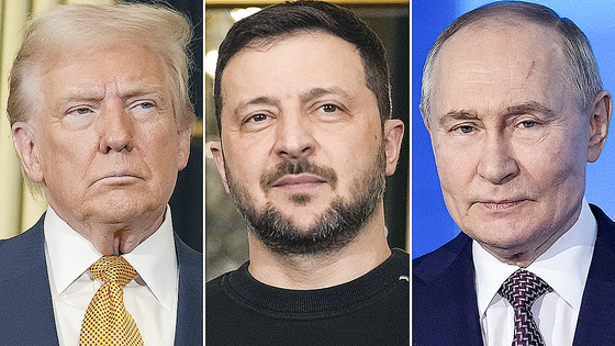 （左から）米国のドナルド・トランプ大統領とウクライナのウォロデミル・ゼレンスキー大統領、ロシアのウラジーミル・プーチン大統領。ＡＰ＝聯合ニュース