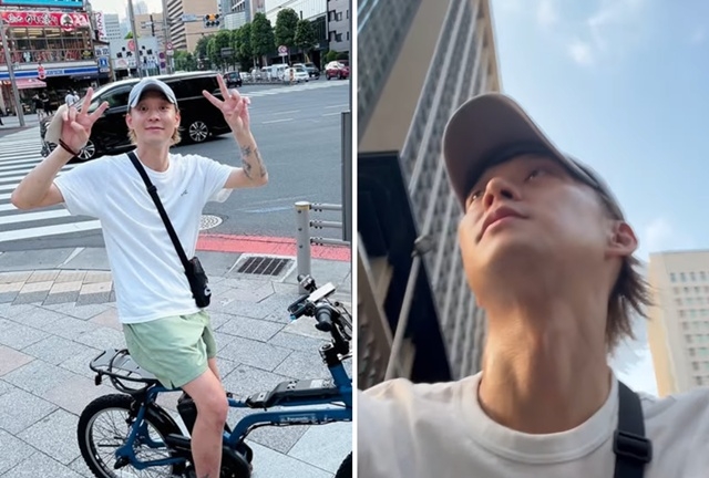 日本の街中で自転車に乗っているユチョン。［写真　パク・ユチョンのＳＮＳ］  ​