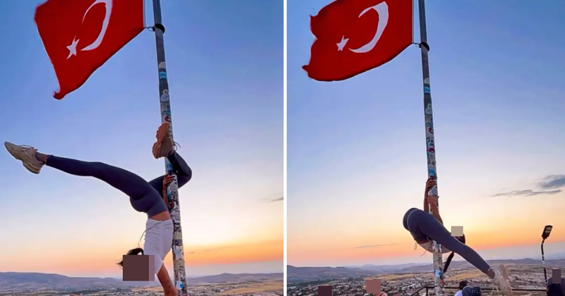 トルコ国旗の掲揚台でポールダンスを踊る女性［写真　ＳＮＳ］