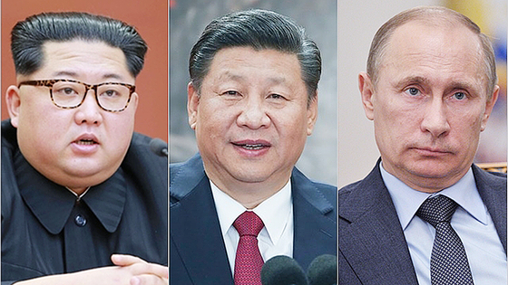 左から北朝鮮の金正恩（キム・ジョンウン）国務委員長、中国の習近平国家主席、ロシアのプーチン大統領　中央フォト