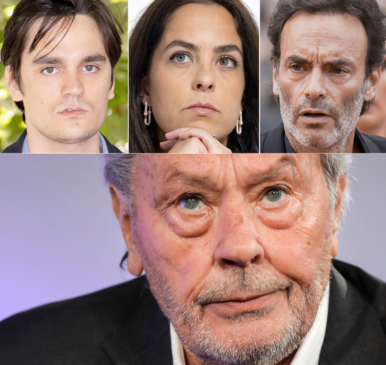 アラン・ドロンさん（下）と彼の子女。左からアラン＝ファビアン・ドロン、アヌシュカ・ドロン、アントニー・ドロン。［写真　AFP＝聯合ニュース］