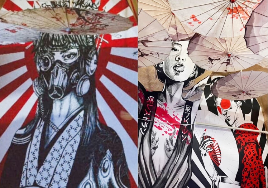   ルーマニアの韓国料理店の日本式インテリアと旭日旗模様が掲げられている様子。［写真 徐坰徳教授］