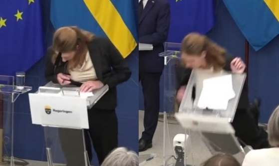   記者会見中に低血糖で倒れるスウェーデンのエリザベト・ラン保健相［スウェーデンSVT キャプチャー］