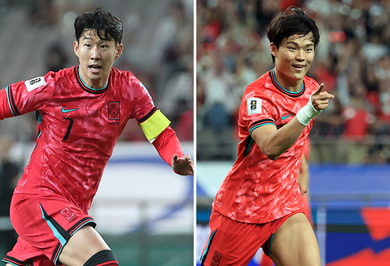 米国遠征2試合で1トップに入った孫興慜（ソン・フンミン、左）と呉賢揆（オ・ヒョンギュ） ［聯合ニュース、ニュース1］