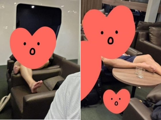 ベトナム・ダナン国際空港のラウンジで、テーブルに素足を乗せて休んでいる韓国人旅行客の様子。［オンラインコミュニティ キャプチャー］