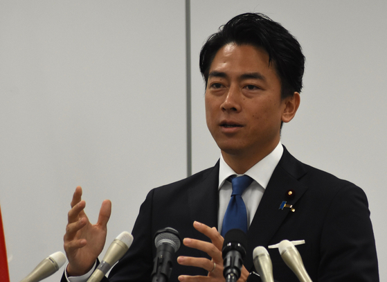 小泉進次郎農林水産相が20日、自民党総裁選挙出馬会見をしている。大貫智子特派員