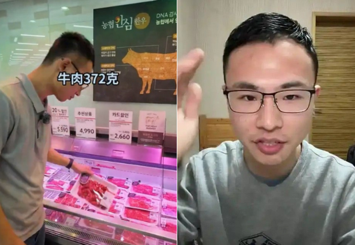 中国社会を批判していたインフルエンサーの戶晨風氏が韓国のスーパーで買い物をする様子（左）。［写真 SNS］