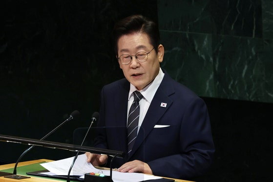 23日（現地時間）、米ニューヨーク国連総会で基調演説を行った李在明（イ・ジェミョン）大統領 キム・ヒョンドン記者