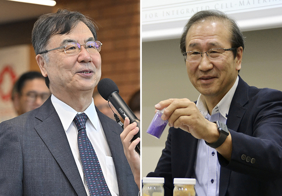 日本の30番目、31番目のノーベル賞受賞者となった大阪大の坂口志文特任教授（左）、京都大の北川進特別教授 ［AFP・AP＝聯合ニュース］