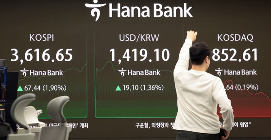 10日、ソウル中区（チュング）ハナ銀行ディーリングルームの電光掲示板にKOSPI指数などが表示されている。この日、KOSPI指数は前営業日比1．38％上昇した3598．11で寄り付き、過去初めて3600台を突破した。［写真 聯合ニュース］