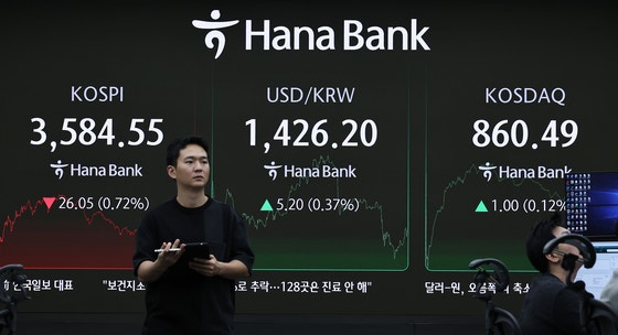 13日午後、ソウル中区（チュング）ハナ銀行ディーリングルーム。この日、韓国総合株価指数（KOSPI）は前営業日比26．05ポイント下落した3584．55、コスダック指数（KOSDAQ）は1ポイント上昇の860．49で取引を終えた。一時1ドル＝1434ウォンまでウォン安が進んだ（＝為替レート上昇）が、外為当局の口先介入後、1420ウォン台を回復した。［写真 ニュース1］