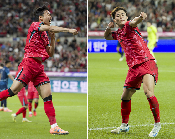サッカー韓国代表が厳智星（オム・ジソン、左）が14日、パラグアイとの評価試合で先制ゴールを決めた。追加ゴールを決めた呉賢揆（オ・ヒョンギュ、右）は矢を放つようなパフォーマンスを見せた。 ［ニュース1・ニューシス］