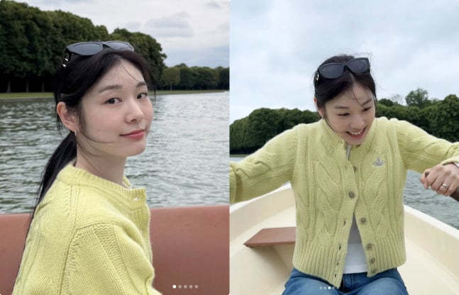   パリで幸せいっぱいの笑顔を浮かべながらオールを漕ぐキム・ヨナさん。［写真 SNS］