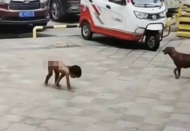   裸のまま路上をはい回る中国の3歳児。［SNS　キャプチャー］