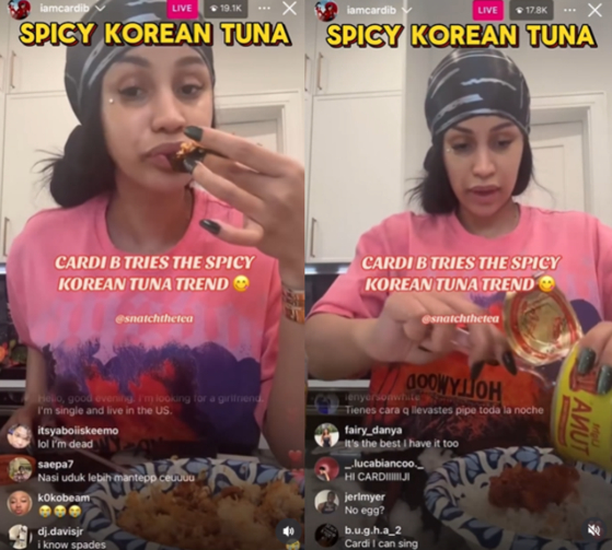 米国の人気ラッパー、カーディ・Bがインスタグラムのライブ放送で韓国の唐辛子ツナを食べている様子。［オンラインコミュニティ キャプチャー］
