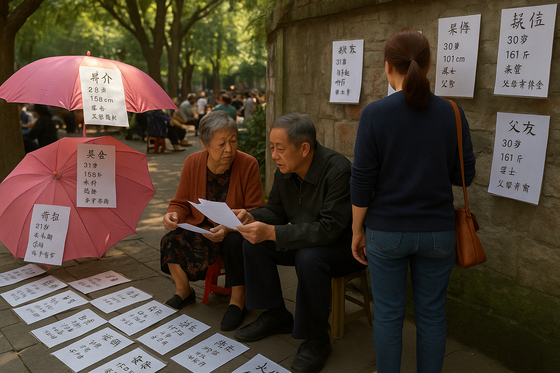 中国の親が子どもの配偶者候補を代わりに探す結婚市場の「相親角」。［写真 チャットGPT］
