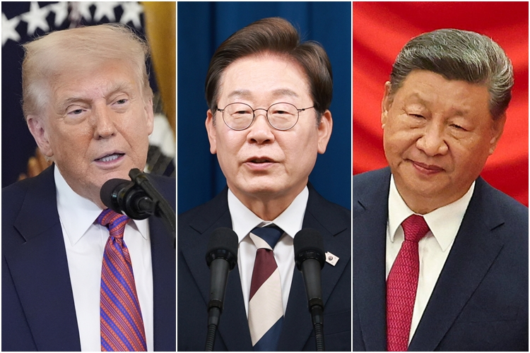 （左から）米国のドナルド・トランプ大統領、韓国の李在明（イ・ジェミョン）大統領、中国の習近平国家主席。［写真 AP・ロイター＝聯合ニュース］