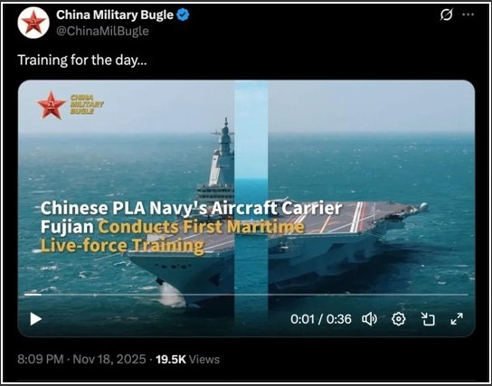 中国空母「福建」実戦訓練の様子［中国軍号（中国人民解放軍ニュースメディアセンターの公式微博） キャプチャー］