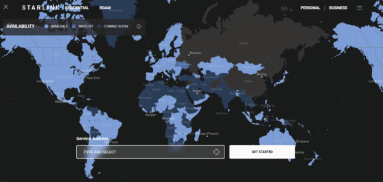 スターリンク接続が可能な地域を表示した全世界地図 。［スターリンク公式ホームページ キャプチャー］