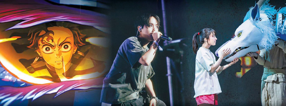 最近、日本コンテンツの人気が高まっている。映画『鬼滅の刃』（左から）は566万人を動員し、SPYAIRらが参加した音楽フェスティバル『WONDERLIVET』には約4万人が集まった。来月始まる舞台『千と千尋の神隠し』は3万席が完売した。 ［写真 アニメマックス、LIVET、オープンレビュー］