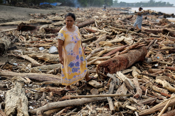   インドネシアで発生した大雨と土砂崩れによって倒れた木の残骸の中に立つ女性。ロイター＝聯合ニュース