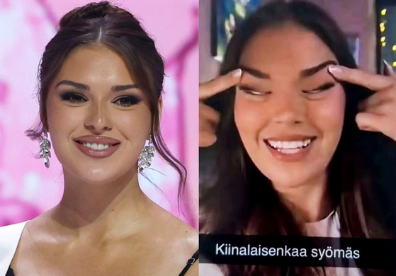   ミス・フィンランドのザフチェさんと、SNSで物議を醸した写真。［EPA＝聯合ニュース・SNS キャプチャー］