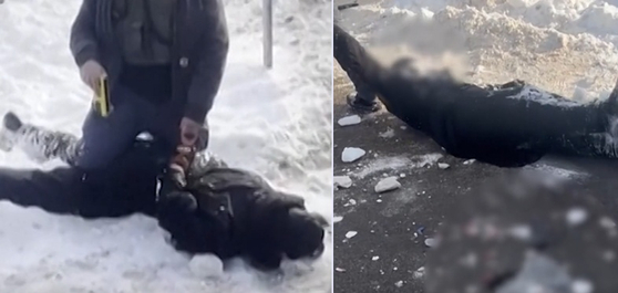  ICE要員が逮捕の過程で女性を雪の上で引きずり回す様子［写真 TikTok（＠yapwlauryn）、動画＝聯合ニュース］