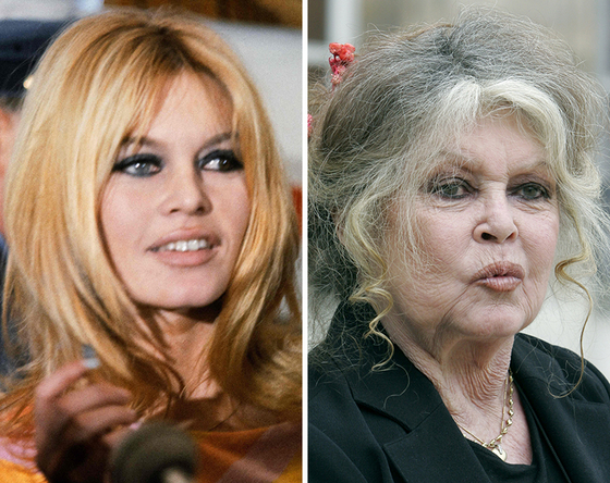 1965年、31歳のブリジット・バルドーさん。右の写真は、73歳となった2007年にフランス大統領府を訪問した際の姿。［AP・AFP＝聯合ニュース］