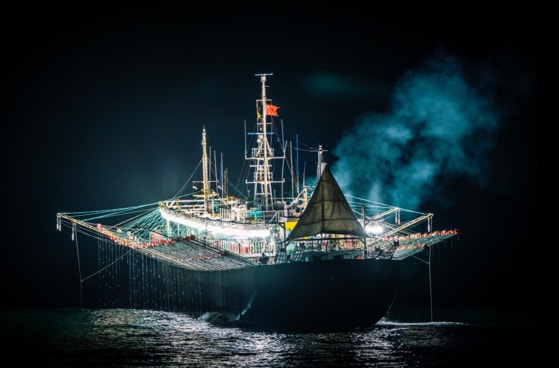 「マイル201」で操業中の中国漁船。イカ漁船はイカを誘引するために明かりを使う。［写真 EJF］