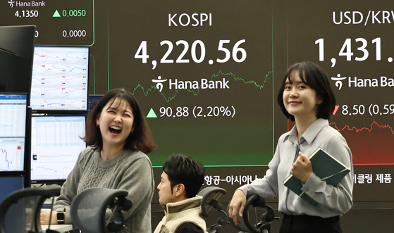  29日、ソウルのハナ銀行ディーリングルームのモニターにKOSPI指数などが表示されている。［写真 聯合ニュース］