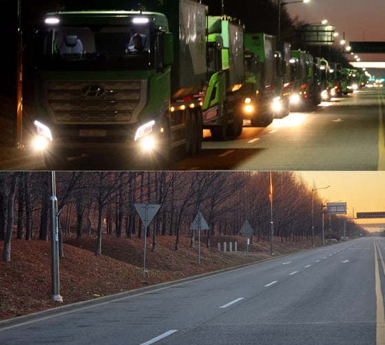 首都圏の生活廃棄物直接埋立て禁止措置が本格的に施行された2日、仁川市西区（インチョンシ・ソグ）の首都圏埋立地・統合計量台付近の道路が空いている様子（下）と、施行前の昨年12月22日に生活廃棄物搬入車両が待機している様子（上）。聯合ニュース