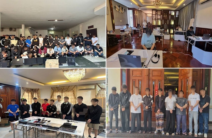 青瓦台が12日、汎政府タスクフォース（TF）が最近カンボジア現地で性的搾取犯行をした詐欺犯罪組織員26人を検挙したと明らかにした。写真は現場で検挙された組織員と証拠品。 ［写真 青瓦台］