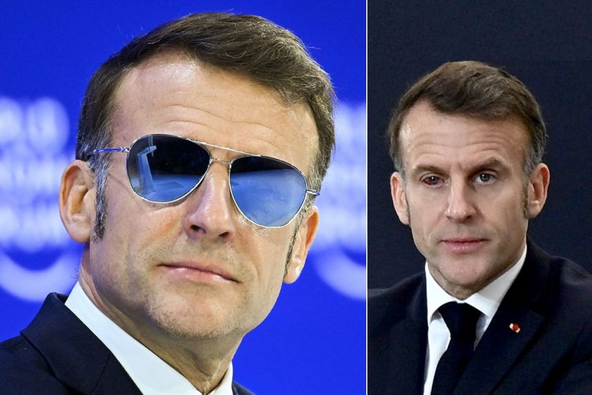 フランスのエマニュエル・マクロン大統領が20日（現地時間）、スイスで開かれた世界経済フォーラム（WEF・ダボス会議）に出席している。エリゼ宮（フランス大統領府）は、マクロン大統領の右目の毛細血管が破れ（右の写真）、保護のためにサングラスを着用したと説明した。［AFP＝聯合ニュース］