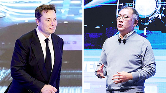テスラのイーロン・マスク最高経営責任者（CEO）と現代自動車グループの鄭義宣（チョン・ウィソン）会長。［中央フォト］