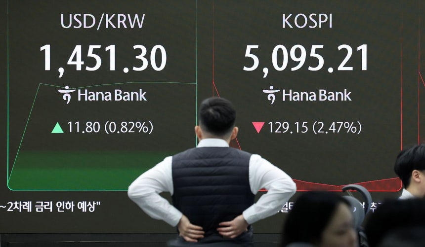 KOSPIが下落して始まった2日、ソウル中区のハナ銀行本店ディーリングルーム電光掲示板に市況が表示されている。 ［ニュース1］