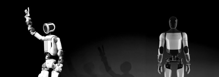  1月に開かれた「CES2026」カンファレンスで現代自動車のロボット「アトラス」があいさつをしている。右はテスラのオプティマス。［写真 ニュース1］