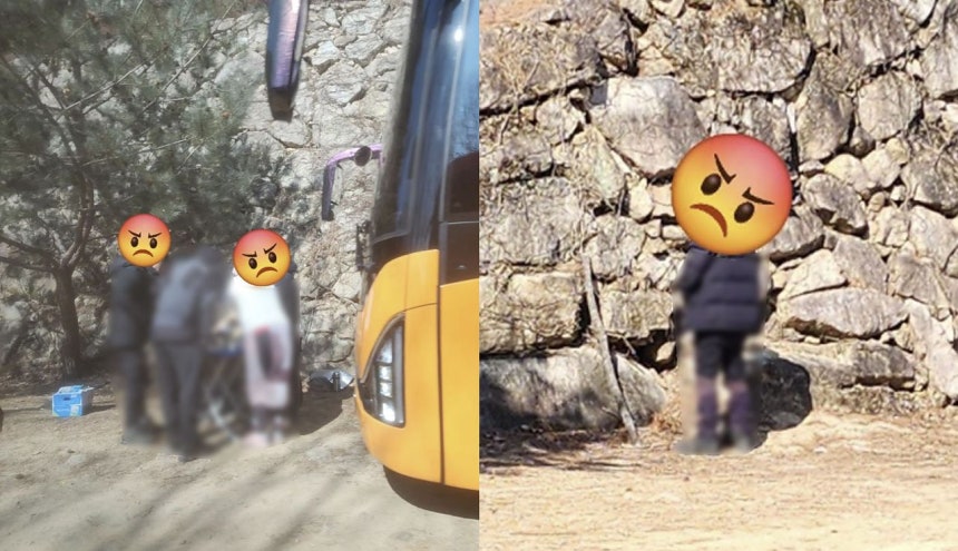   寺院の近くで肉を焼いて食べ、路上放尿をする一行の様子。［写真 ボベドリーム（bobaedream） キャプチャー］